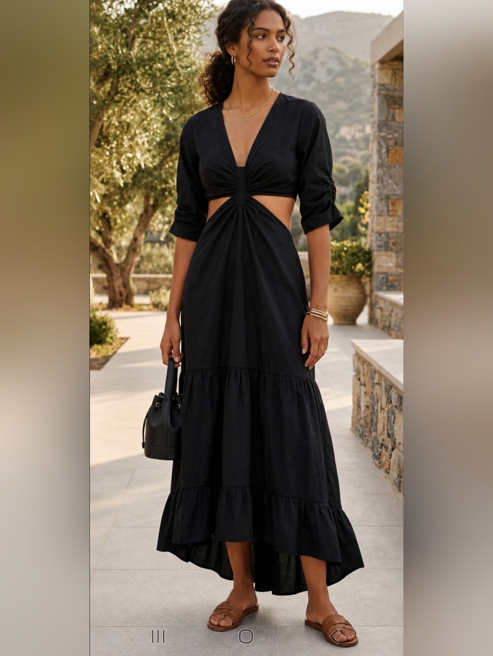 Rareism Black Cutout Midi Dress Medium Cotton Puff Sleeve Lesman Tiered High Low
